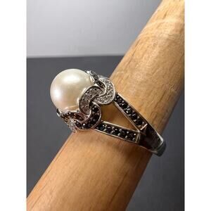 White cultured pearl and multi gem sterling silver ring size 9 *NEW*